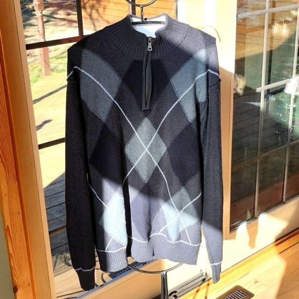 BKE Argyle Grey Print Standard Fit‎ 1/4 Zip LS Pullover Sz XL Sweater